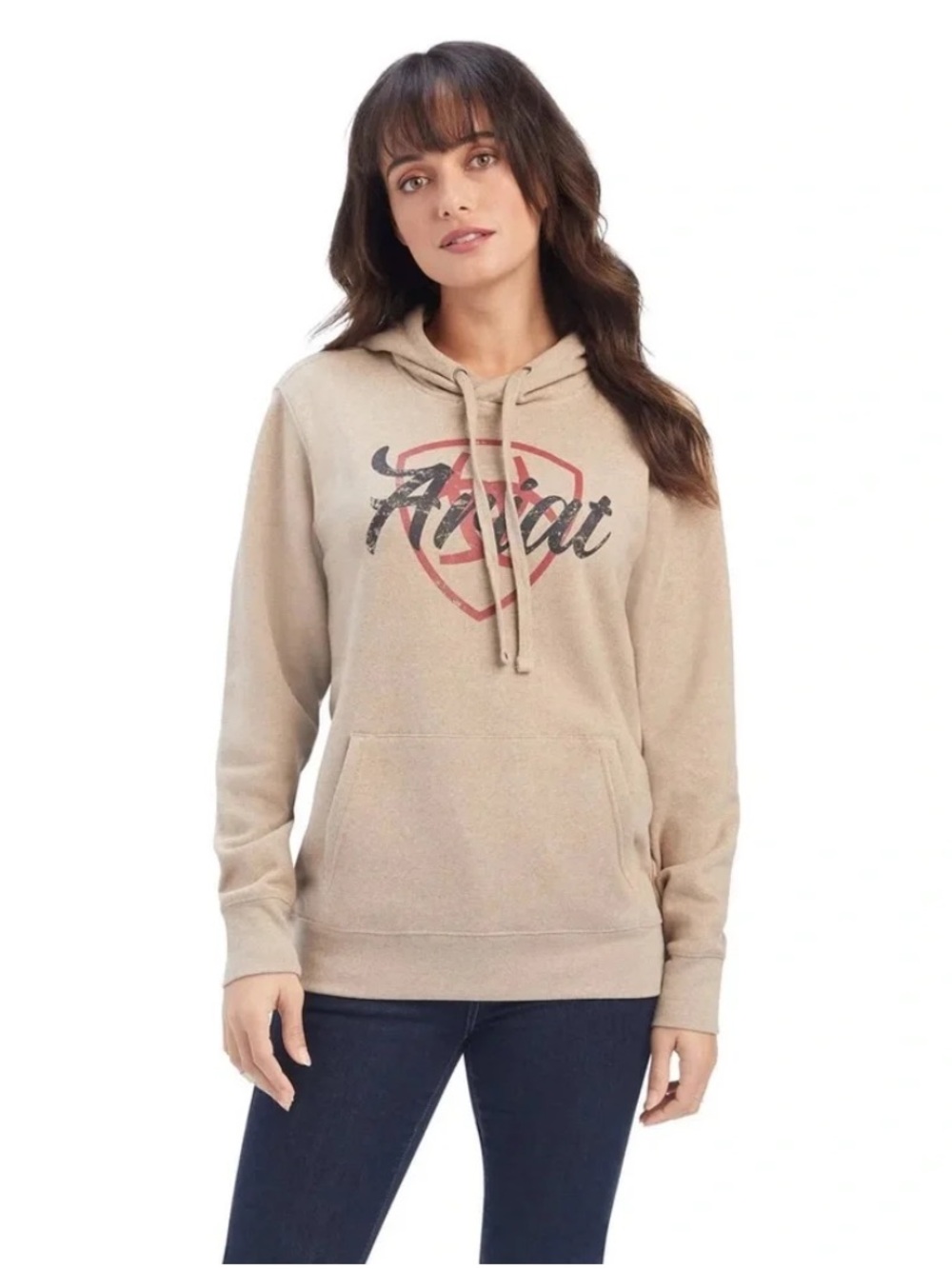 Ariat Women’s Sz XL REAL Hoodie Long Sleeve Logo Pullover Lined Western Tan - Picture 1 of 11
